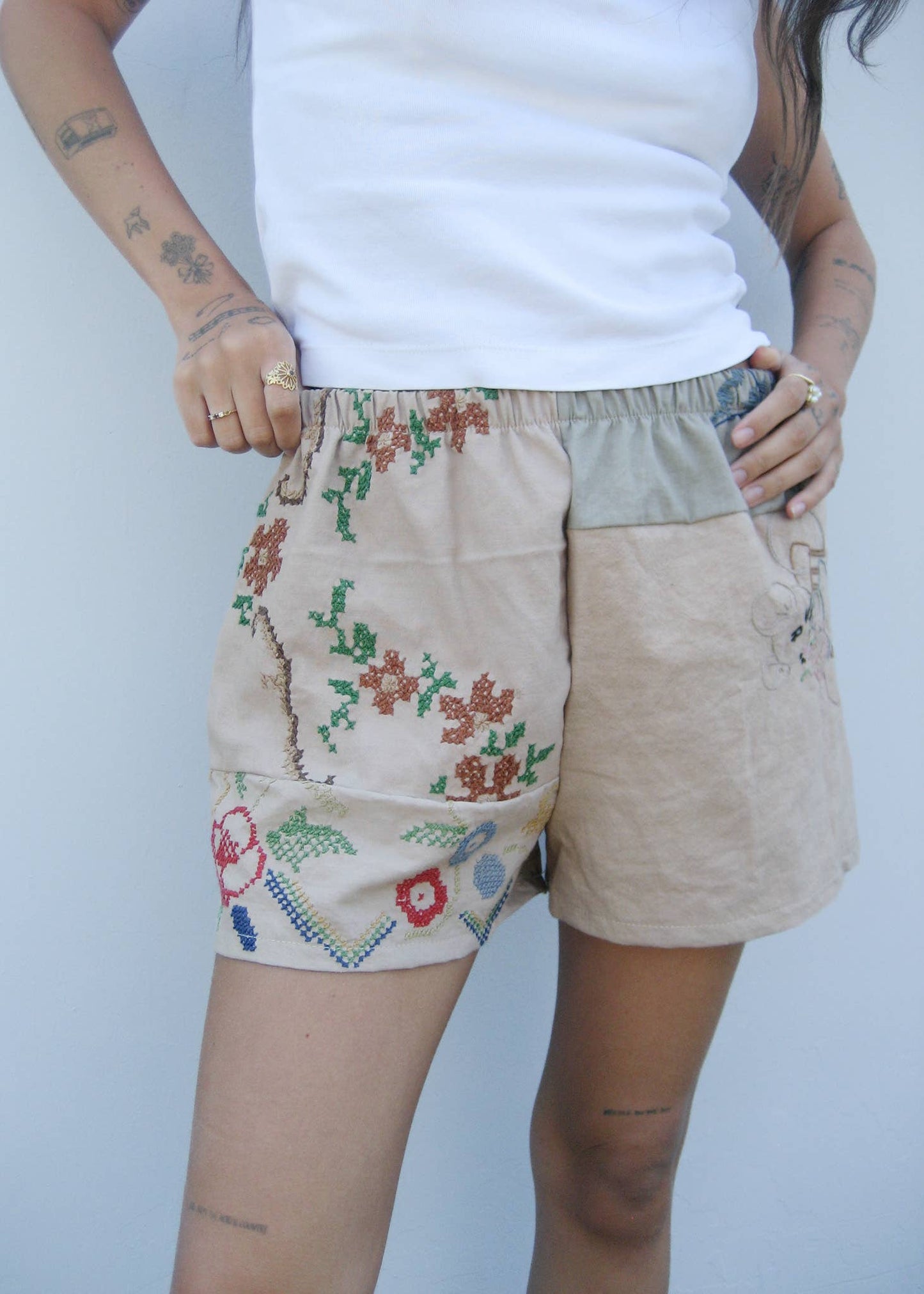 Embroidered Pieced Short